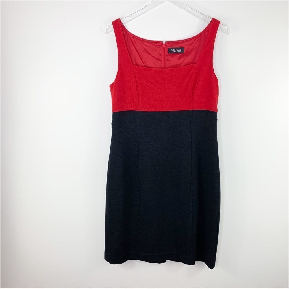 Ricki Freeman for Teri Jon Red/Black Wool Color‎ Block Wool Sheath Career Dress
